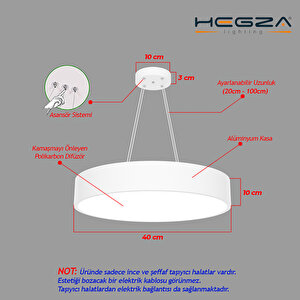 Drum 40cm ( Beyaz Kasa, Sarı Işık ) Sarkıt Ledli Modern Led Avize, Salon, Mutfak, Oturma Odası