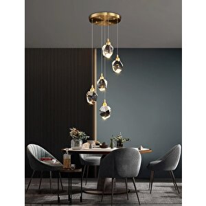 A+ Luxury Modern Kristalize Cam Sarkıt Beşli Led Avize Gold Sarı