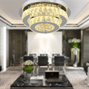 Ardenia 2 Katlı Krom 3 Renkli 70 Watt Kristalli Ledli Modern Salon Led Avize