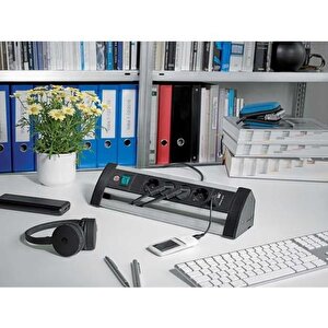 2 Usb Alu Office Line 4 Lü Uzatma Priz Siyah Gümüş