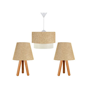 Evlight 3'lü Set Avize Ve Komodin Üstü Ahşap Abajur Kumbeji