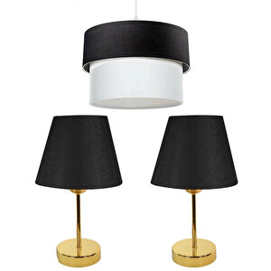 Evlight 3'lü Set Avize Ve Komodin Üstü Gold Abajur / Siyah