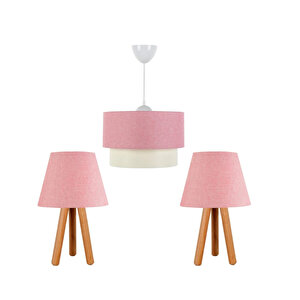 Evlight 3'lü Set Avize Ve Komodin Üstü Ahşap Abajur Pembe