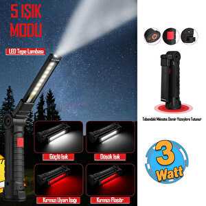 Ledli El Feneri Lambası 5 Modlu Şarjlı Mıknatıslı Kamp Feneri Beyaz Kırmızı Sos Işık 360° Dönerli