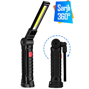 Ledli El Feneri Lambası 5 Modlu Şarjlı Mıknatıslı Kamp Feneri Beyaz Kırmızı Sos Işık 360° Dönerli