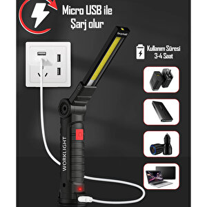 Ledli El Feneri Lambası 5 Modlu Şarjlı Mıknatıslı Kamp Feneri Beyaz Kırmızı Sos Işık 360° Dönerli