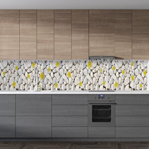 Mutfak Tezgah Arası Folyo Fayans Kaplama Folyosu Beyaz Taşlar Sarı Çiçek 60x400 cm 