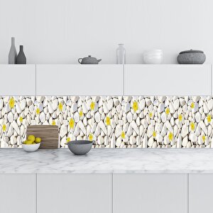 Mutfak Tezgah Arası Folyo Fayans Kaplama Folyosu Beyaz Taşlar Sarı Çiçek