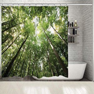 Baskılı Duş Perde Yeşil Yaprakları İlkbahar Orman Manzaralı 175x180 cm