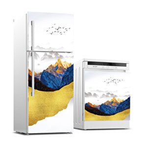 Buzdolabı Ve Bulaşık Makinası Beyaz Eşya Sticker Kaplama Soyut Dağ Kuşlar