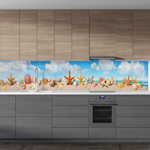 Mutfak Tezgah Arası Folyo Fayans Kaplama Folyosu Deniz Kabukları Panaromik 60x500 cm