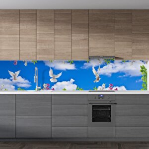 Mutfak Tezgah Arası Folyo Fayans Kaplama Folyosu Gökyüzü Çiçekler 60x500 cm