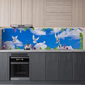Mutfak Tezgah Arası Folyo Fayans Kaplama Folyosu Gökyüzü Çiçekler 60x500 cm