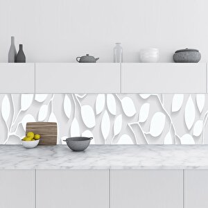Mutfak Tezgah Arası Folyo Fayans Kaplama Folyosu Beyaz Yapraklar 60x300 cm