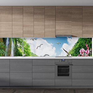 Mutfak Tezgah Arası Folyo Fayans Kaplama Folyosu Şelale Kuşlar Çiçek 60x300 cm