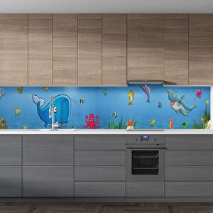 Mutfak Tezgah Arası Folyo Fayans Kaplama Folyosu Balıklar Çizim 60x200 cm
