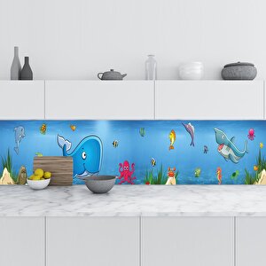 Mutfak Tezgah Arası Folyo Fayans Kaplama Folyosu Balıklar Çizim 60x500 cm