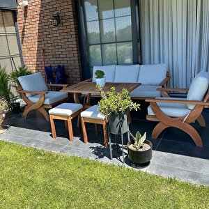 Angela Masif Ahşap Bahçe Balkon Koltuk Kayın Ağacı 3+1+1 Koltuk, Masa Ve Puf Takımı