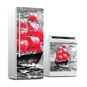 Buzdolabı Ve Bulaşık Makinası Beyaz Eşya Sticker Kaplama Kırmızı Yelken Yağlıboya