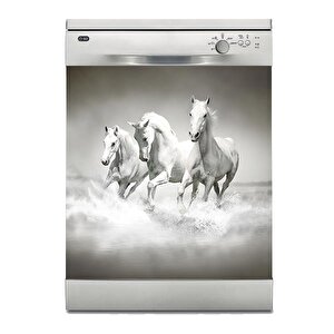 Bulaşık Makinesi Sticker Kaplama Beyaz Eşya Kaplama Beyaz Atlar Gri