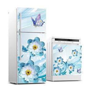 Buzdolabı Ve Bulaşık Makinası Beyaz Eşya Sticker Kaplama 3d Mavi Çiçek Kelebek