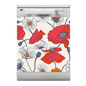 Bulaşık Makinesi Sticker Kaplama Beyaz Eşya Kaplama Kırmızı Çiçek Çizim