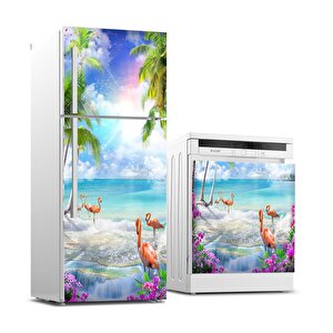Buzdolabı Ve Bulaşık Makinası Beyaz Eşya Sticker Kaplama Sahil Flamingo