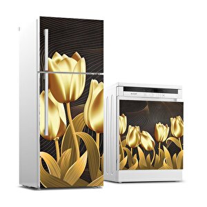 Buzdolabı Ve Bulaşık Makinası Beyaz Eşya Sticker Kaplama Altın Çiçekler