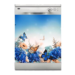 Bulaşık Makinesi Sticker Kaplama Beyaz Eşya Kaplama Mavi Çiçekler