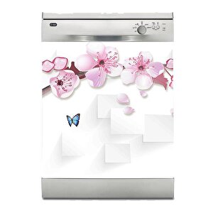 Bulaşık Makinesi Sticker Kaplama Beyaz Eşya Kaplama Pembe Çiçek Kelebek