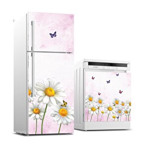 Buzdolabı Ve Bulaşık Makinası Beyaz Eşya Sticker Kaplama Papatya Kelebek