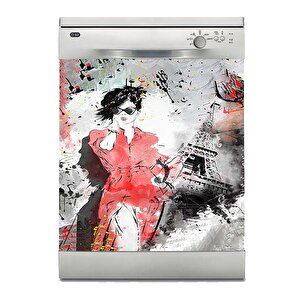 Bulaşık Makinesi Sticker Kaplama Beyaz Eşya Kaplama Eyfel Kulesi Kadın