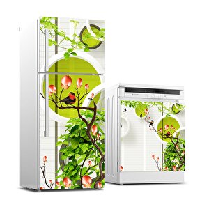 Buzdolabı Ve Bulaşık Makinası Beyaz Eşya Sticker Kaplama Yuvarlak Kuş Ağaç