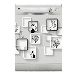 Bulaşık Makinesi Sticker Kaplama Beyaz Eşya Kaplama Kare Kedi Ağaç