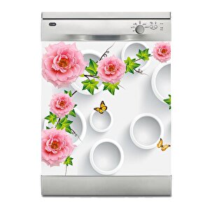 Bulaşık Makinesi Sticker Kaplama Beyaz Eşya Kaplama 3d Pembe Gül Çiçek