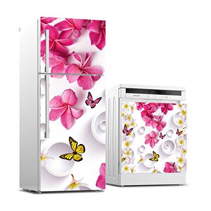 Buzdolabı Ve Bulaşık Makinası Beyaz Eşya Sticker Kaplama Pembe Çiçek Kelebek