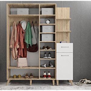 Açelya Portmanto Vestiyer Ayakkabılık Meşe Beyaz 180cm M3 Montaj Dahil