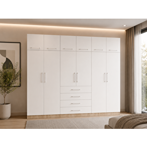 Biray 12 Kapaklı Gardırop Dolap Meşe Beyaz 208cm Montaj Dahil