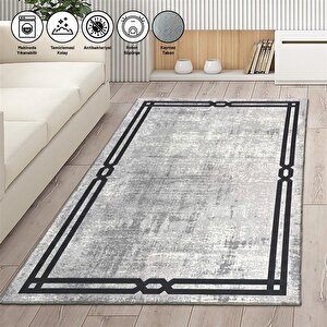 Modern Abstrak Bordür Desenli Siyah Gri Halı Kaymaz Taban Makinada Yıkanabilir 80x50 cm