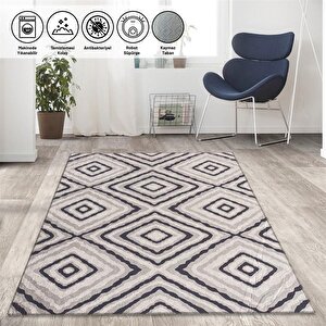 İskandinav Tarzı Geometrik Karo Desenli Gri Tonlarda Halı Kaymaz Taban Makinada Yıkanabilir 80x150 cm