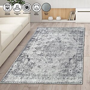 Modern Klasik Eskitme Desenli Gri Halı Kaymaz Taban Makinada Yıkanabilir 80x50 cm