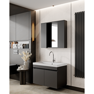 Karen Banyo Arya Banyo Dolabı Seti̇ 80 Cm Mat Antrasi̇t Lavabo Dahil Lavabolu