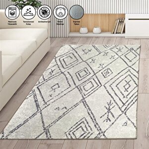İskandinav Geometrik Desenli Krem Halı Kaymaz Yıkanabilir 100x150 cm