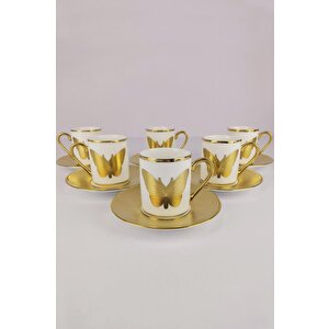 Kosova Porselen Butterfly 6’lı Kahve Fincan Takımı Beyaz Gold - İst-113