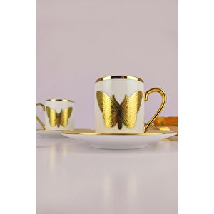 Kosova Porselen Butterfly 6’lı Kahve Fincan Takımı Beyaz Gold - İst-113