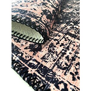 Modern Klasik Eskitme İran Tarzı Desenli Siyah Rose Halı Kaymaz Taban Makinada Yıkanabilir 60x100 cm