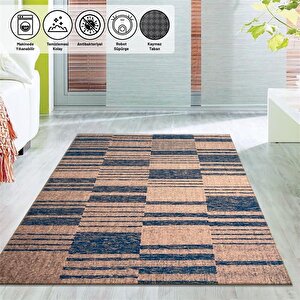 Çizgi Tarama Modern Desenli Bej Mavi Halı Kaymaz Yıkanabilir 60x100 cm