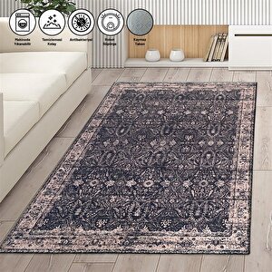 Modern Klasik Eskitme İran Tarzı Desenli Siyah Rose Halı Kaymaz Taban Makinada Yıkanabilir 80x50 cm