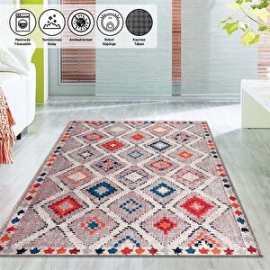 El Dokuma Yün Kilim Görünümlü Bej Krem Halı Kaymaz Yıkanabilir 60x100 cm
