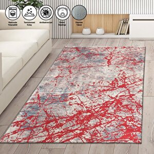 Modern Abstrak Çizgi Karma Desenli Kırmızı Halı Kaymaz Taban Makinada Yıkanabilir 80x50 cm